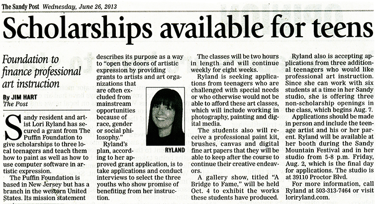 LORI RYLAND RECEIVES ART GRANT FROM THE PUFFIN FOUNDATION
